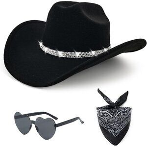 Cowboy Hat Set Rhinestone Wide Brim Bandana Heart Sunglasses Womens Western